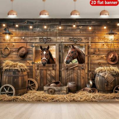 1pc Western Cowboy Style Stable Background Banner, Made Of Polyester Material, Includes Wooden Barn, 2 Brown Horses, Hay Barrel And Cowboy Hat Elements, Suitable For Western Theme Party, Cowboy Style Birthday Party Or Ranch Photography, Indoor/Outdoor Decor, Party Decoration, Yard Decor, Birthday Party Decoration