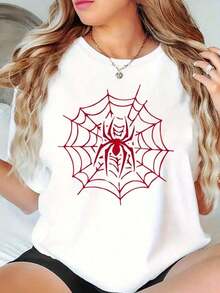 Fashionable Women's Spider Print T-Shirt, A New T-Shirt With A Creative Spider Design, American And Hong Kong Style, With A Fun Green Creature Dressed In Red Christmas Clothes And Hat, Surrounded By Festive Decorations, Printed On A Casual Short Sleeve Round Neck T-Shirt For Women, Modern, With Lettering, Loose Fit, Suitable For Couples. - 白色 11 - 查看 6