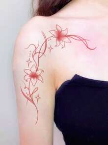 Chinese Style Red Floral Temporary Tattoo Sticker, Water-Washable, Disposable, Waterproof, Sweat-Proof, Non-Reflective, Suitable For Arms And Back, Realistic Tattoo Design, Lasts 3-5 Days, Perfect For Fashion-Forward Users - Multicolor - View 2