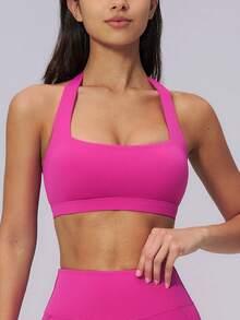 NcmRyu 1pc Women's Solid Color Halter Neck Backless Sports Camisole With Removable Pads - Hot Pink - View 8