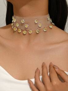 1 buah Kalung Liontin Rhinestone dengan Gesper Magnet Kreatif yang Berlebihan, Kalung Choker Jala Liontin Rhinestone Gaya Punk Hip-Hop Cocok untuk Pemakaian Sehari-hari, Liburan, dan Pesta Wanita (Posisi Rhinestone Acak) - Putih - View 2