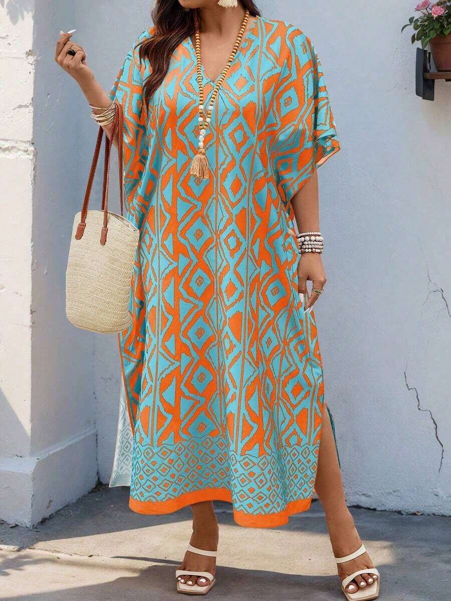 Weeklong Vestido holgado con cuello en V y mangas raglán con aplicaciones, adecuado para uso diario y vacaciones, tallas grandes para mujeres - Multicolor 3 - Ver 1