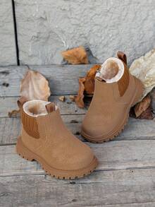 1 Pasang Sepatu Bot Salju Hangat Berlapisan Termal untuk Anak-anak Unisex, Warna Polos dengan Pola Tekstur, Sepatu Bot Bayi untuk Aktivitas Luar Ruangan Musim Gugur/Dingin - Khaki - View 4