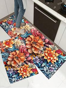 1pc Floral Pattern Non-Slip Oil-Proof Kitchen Mat, Simple Rectangular Waterproof Stain-Resistant Rug, Suitable For Living Room, Bedroom, Hallway, Bathroom And Laundry Room, Polyester Fiber Carpet For Indoor And Outdoor Home Decor - Multicolor - View 3