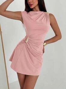 Women's Dress With Umbrella Sleeves And Ruffles With Metallic Decoration - Old Rose - View 4