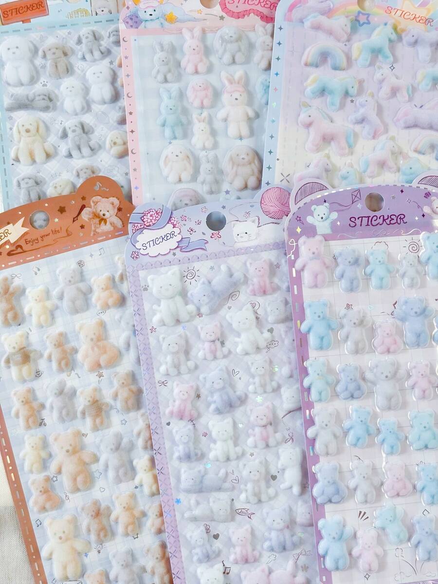 Cute 3D Plush Sticker Set, Cartoon Animal Decorative Stickers For Planner, Journal, Notebook And Stationery