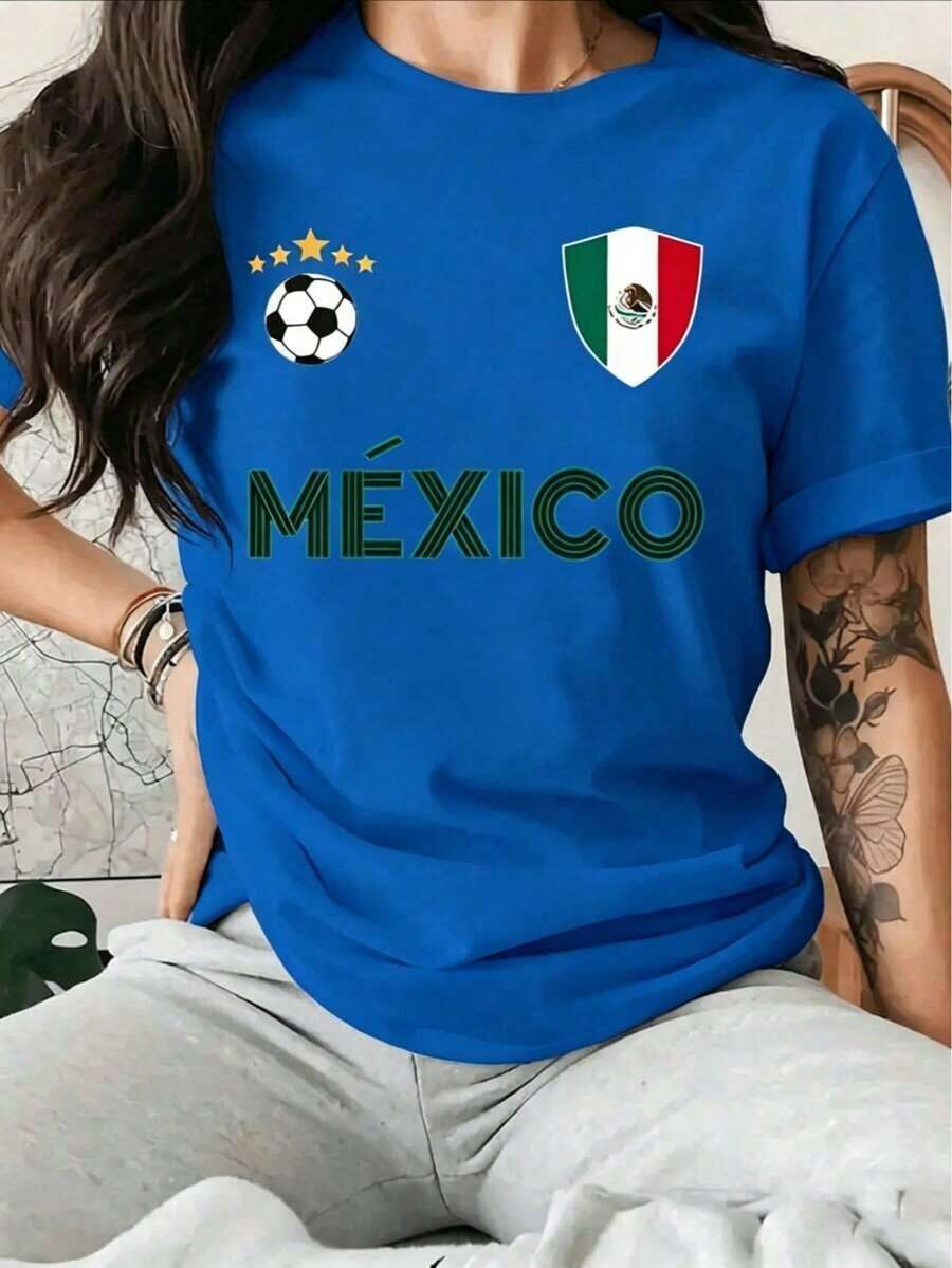 Graphic Tees: Mexican Tricolor Shield With Ball And Stars Symbolizing National Pride And Passion For Football. Comfortable White Casual Women's T-Shirt, 100% Cotton. Unisex Basic T-Shirt - 藍色的 - 查看 1