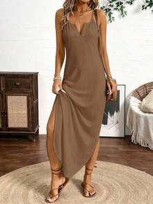 Vestido largo de tirantes de mujer con rayas verticales multicolor - Gris - Ver 9