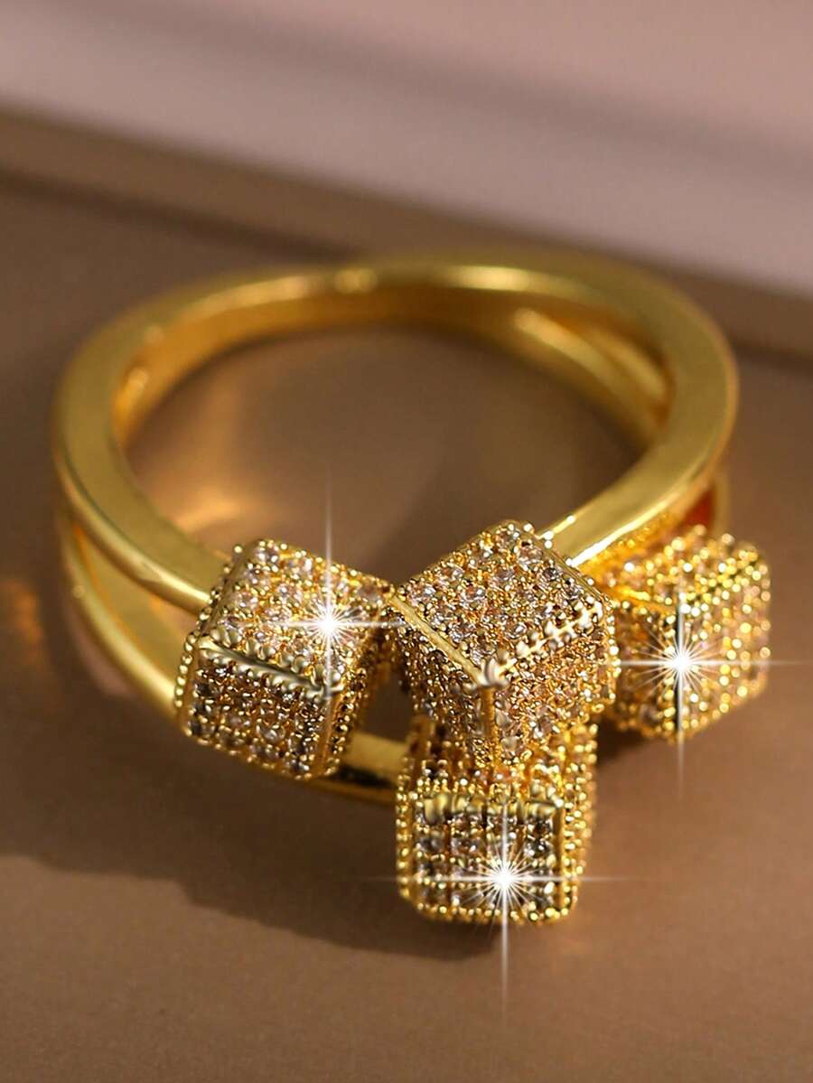 1pc Elegant High-End Gold Plated Sparkling Four-Cube AAA Cubic Zirconia Square Ring Bride Wedding Banquet Daily Wear Decor - Gold - View 1