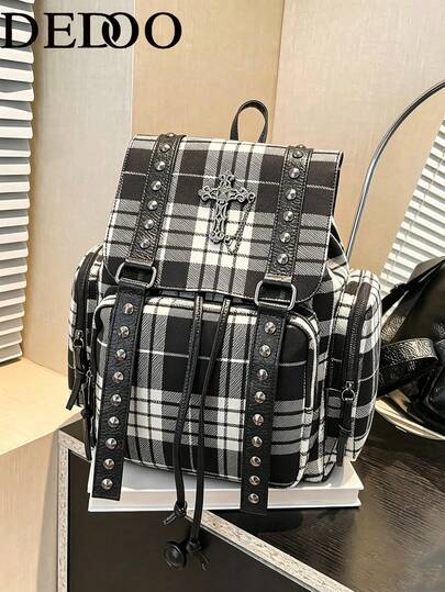 Dedoo Ba lô đinh tán cổ điển, ba lô du lịch phong cách punk retro, ba lô nữ phong cách gothic preppy.
