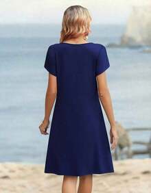 ,Flower Dress Women,2026 Women's Summer Casual Floral V-Neck A-Line T-Shirt Mini Dress Short Sleeve With Pockets Beach Sundress,Casual Summer Dress, S - 藏蓝色 - 查看 5