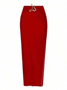 Set de 2 piezas de traje de baño con bandeau y tiras huecas rojo + falda de cubrir para playa, conjunto de verano de ocio y vacaciones 2025 nuevo - Rojo - Ver 5