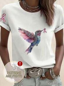 [Flash ] Women's Short-Sleeved T-Shirt With Round Neck, Crystal Hummingbird Print And Pink Ribbon, For Spring/Summer/Autumn - 風格 - 查看 9