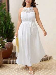 Comfylo Vestido de vacaciones de algodón desgastado blanco con cuello halter de talla grande - Blanco - Ver 6