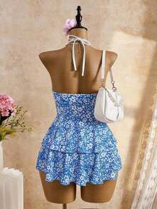 Bellisia Blue Floral Print Halter Neck Backless Double Layer Swimsuit Skirt, Sweet & Cute Style For Summer Beach, Pool Party - Blue and White - View 4