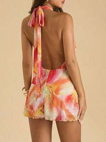 Vestido corto de verano elegante y sexy con estampado floral y espalda descubierta - Rosa - Ver 3