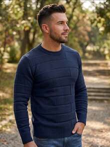 Men's Textured Knit Sweater, Winter Long Sleeve Blouse, Round Neck, Modern Knit - 藏蓝色 - 查看 3