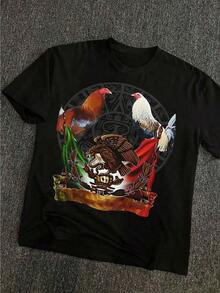 Men's Summer Fashion Casual Pattern T-Shirt With Rooster And Eagle Print On Cultural Background, Round Neck, Short Sleeves, 220g Pure Heavy Cotton, Thick And Comfortable QCWV - 黑色 - 查看 5