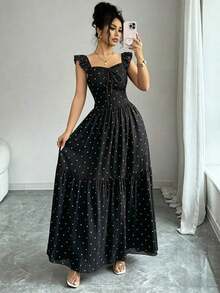 Vestido casual de verano para mujer con estampado de lunares y volantes en el bajo con detalle de lazo en la espalda - Blanco y Negro - Ver 4