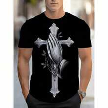 Men's Crew Neck Sports T-Shirt With Cross And Praying Hand Design, 95% Spandex, Micro-Elastic Fabric, Short Sleeves, Black For Gym And Fitness PXFY TVML - 白色 - 查看 1