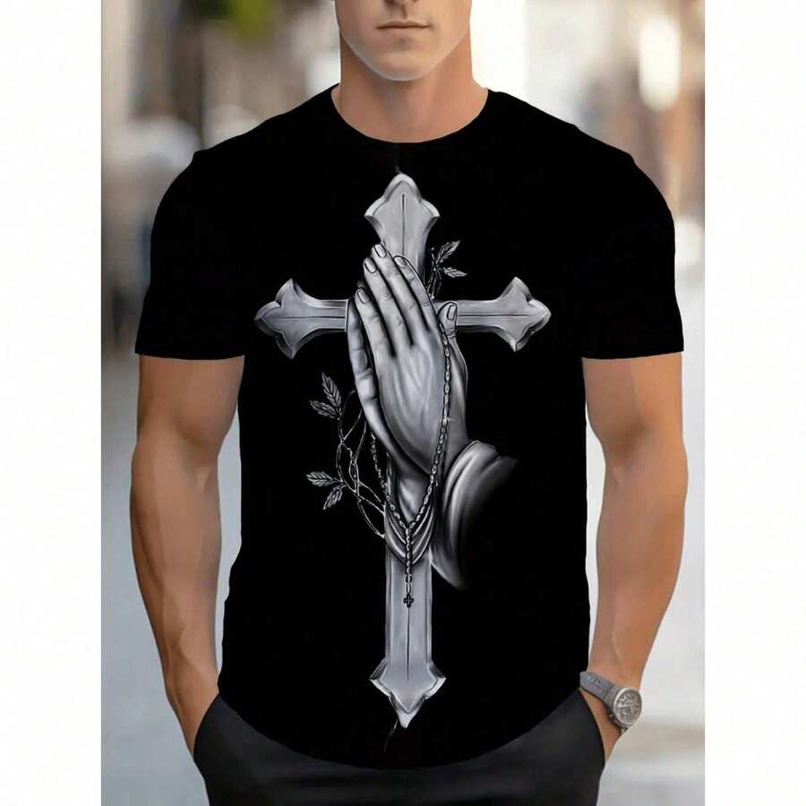 Men's Crew Neck Sports T-Shirt With Cross And Praying Hand Design, 95% Spandex, Micro-Elastic Fabric, Short Sleeves, Black For Gym And Fitness PXFY TVML - 白色 - 查看 1