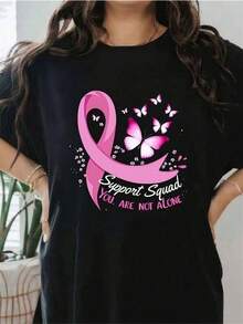 Breast Cancer Awareness Support T-Shirt For Women - Black With Pink Ribbon And Butterfly Graphic, Slogan "You Are Not Alone", Loose Fit, Casual Short Sleeve Crew Neck For Everyday Wear And Fundraising Events, Breathable Comfort For All Seasons - 黑色 - 查看 1