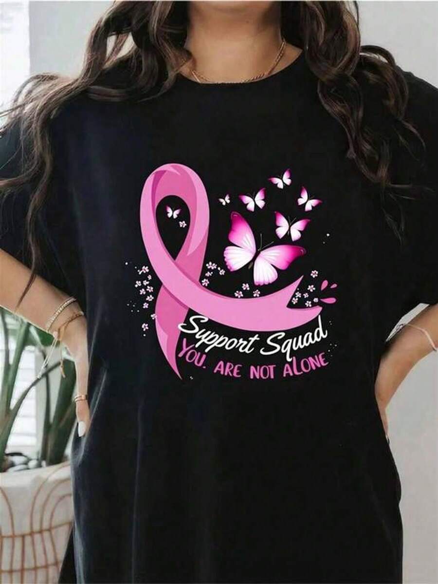 Breast Cancer Awareness Support T-Shirt For Women - Black With Pink Ribbon And Butterfly Graphic, Slogan "You Are Not Alone", Loose Fit, Casual Short Sleeve Crew Neck For Everyday Wear And Fundraising Events, Breathable Comfort For All Seasons - 黑色 - 查看 1