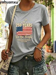 4th Of July Outfit WomenUSA 250th AnniversaryCommemorative Print Women's InspiredT-Shirt Short RoundNeckTopWhite LightweightY2K Short Sleeve Round Nec - 灰色 - 查看 2