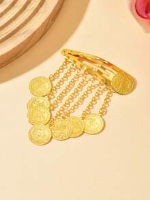 1pc Vintage Coin Tassel Floral Print Hair Clip, Arabic Wedding Bridal Style, Versatile Daily Wear Hair Accessory,Hair Barrettes - Gold - View 7