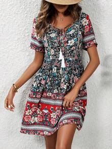 Vestido de verano casual y de vacaciones con estampado floral y manga corta para mujer - verde menta - Ver 9