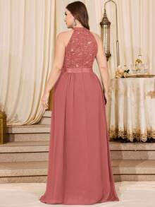 Đầm dạ hội size lớn cổ yếm đính sequin ren hoa nhún eo phối voan chiffon, đầm dạ hội, đầm dự tiệc cưới, cho sinh nhật, lễ tốt nghiệp - Bụi hồng - Xem 2