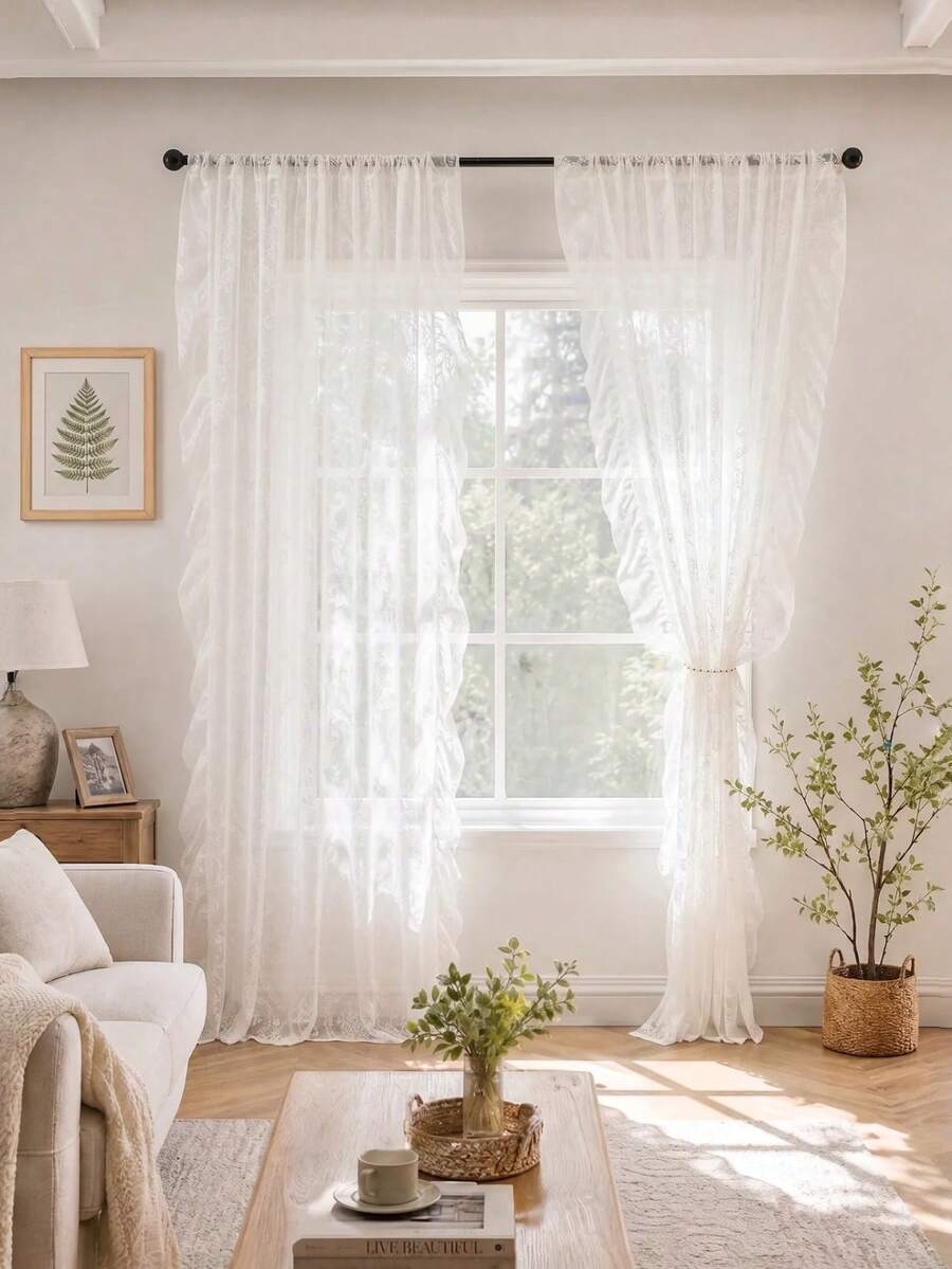 1pc White Peony With Ruffle Edge Curtain Panel, French Chic Romantic Ruffle Edge Curtain Suitable For Bay Window, Living Room, Bedroom, Office, Kitchen, Study - White - View 1