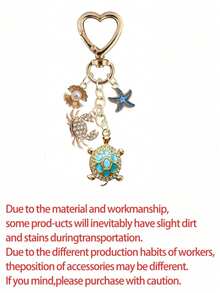 Gold Ocean Theme Keychain, Decorated With Turtle, Crab, Starfish And Pearl Charms, Heart-Shaped Lobster Clasp Bag Charm, Sparkling Rhinestone And Enamel Accents - Multicolor - View 11