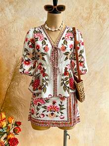 Elegant Women's Summer Bohemian Style Printed 2-Piece Set, Including V-Neck Tie-Waist Top And Wrap Mini Skirt, Suitable For Vacation, Beach Outing And Daily Wear - Multicolor - View 11