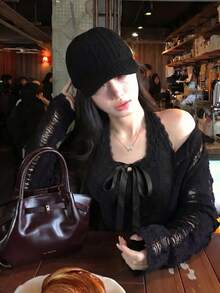 Sexy Hollow Out Black Knit Cardigan, Waist Cinched Short Length Long Sleeve, Commute & Date Slim Fit Top - Black - View 1