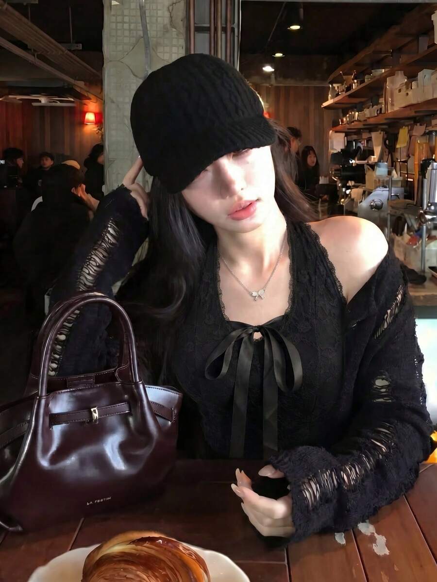 Sexy Hollow Out Black Knit Cardigan, Waist Cinched Short Length Long Sleeve, Commute & Date Slim Fit Top - Black - View 1