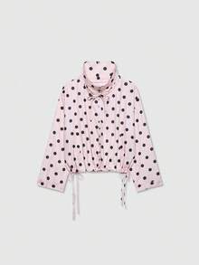 Áo khoác dài tay cổ cao cài cúc phía trước in họa tiết chấm bi kiểu retro - Hồng - Xem 1