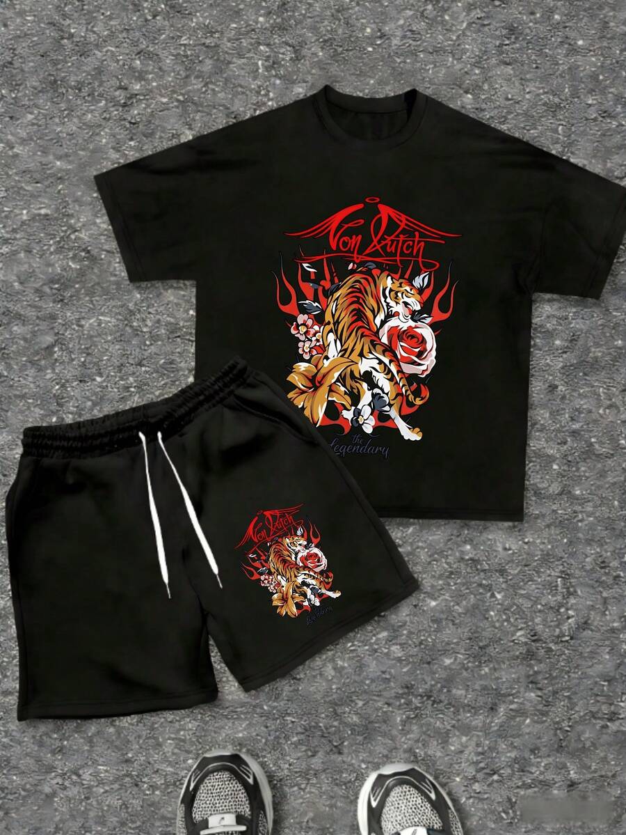 Mens Creative T Shirt And Shorts Set American Vintage Full Print Street Wear Essential T Shirt Set Men Graphic T Shirt And Shorts Set With Vonn Dutch Originals Logo Print - 黑色 - 查看 1