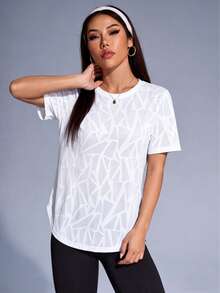 1pc Mesh Patchwork Design Sports T-Shirt, Loose Fit, Comfortable Fabric, Back Mesh Patchwork Design, Geometric Jacquard Fabric White - White - View 4