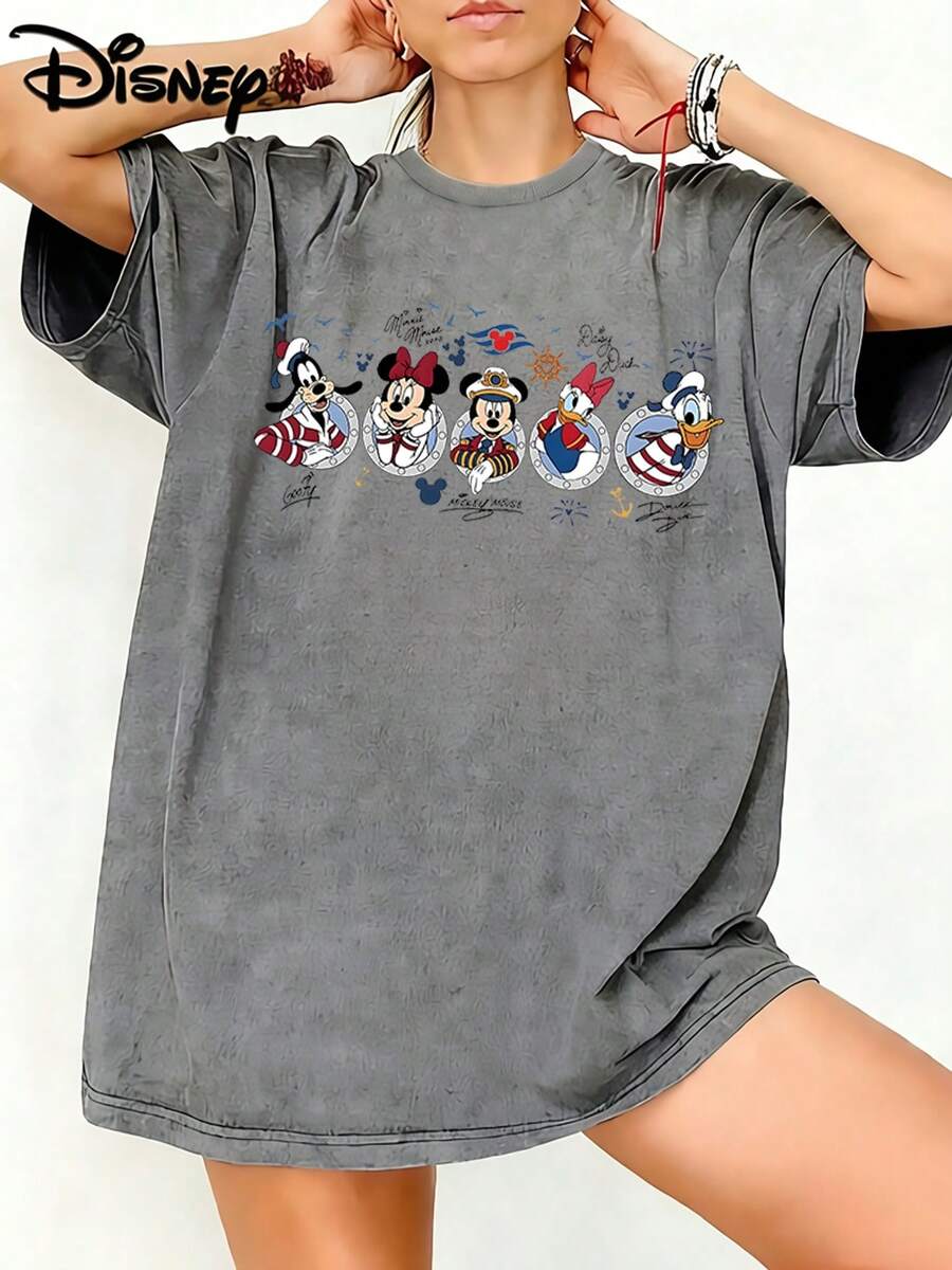 Disney Mickey Friends Nautical Style Signature Face Graphic Washed Unisex TShirt, 100% Cotton Oversized Vintage Short Sleeve Tee, Coastal Retro Disney Themed Casual Top - Xám - Xem 1