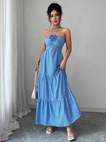 MEXElenzga Vestido de playa largo a rayas con decoración de flores 3D para mujeres, Verano 2025MEX BWIT - Azul y blanco - Ver 6