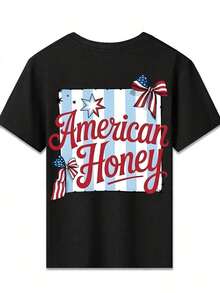 American Honey Kids' Short Sleeve T-Shirt With 4th Of July Cartoon Print, 180g, Soft, Comfortable And Breathable, Suitable For All Seasons, Perfect For Boys And Girls For Everyday Wear, School And Casual Sportswear. An Ideal Crew Neck T-Shirt For Holiday Parties, Gatherings, Outdoor Activities And Travel. - 黑色 - 查看 3