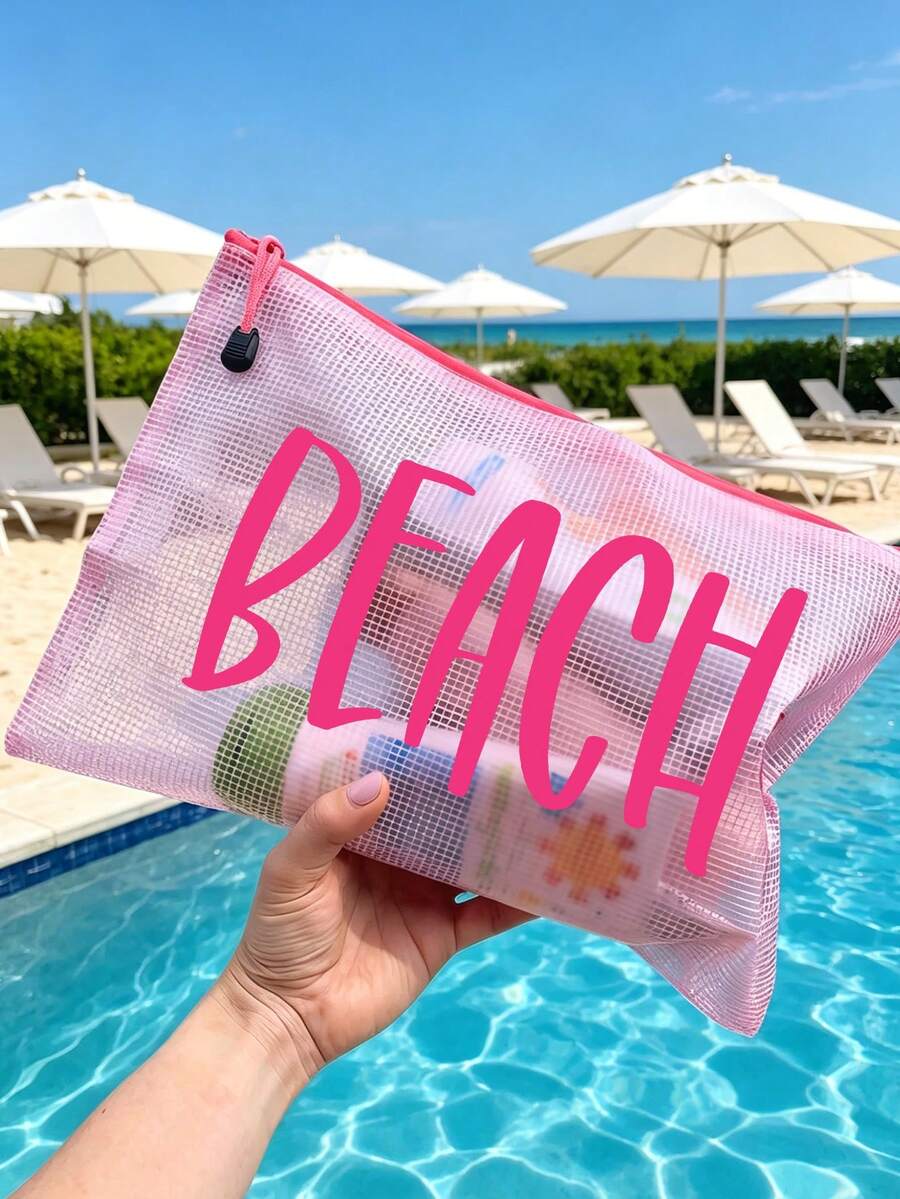多色防水時尚網格布海灘包，印有「Beach」字樣彩妝包，海灘主題。大容量透明化妝包，附尼龍拉鍊盥洗包 - 輕量，可存放文件、文具、防曬霜、零食、比基尼和海灘必需品。春夏收納，非常適合游泳、海灘、潛水和夏季度假