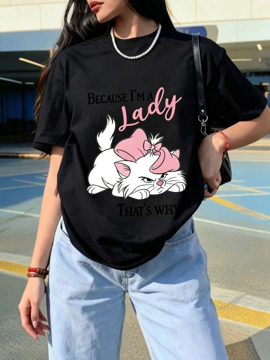 Women's Oversized T-Shirt With Fun Cat Print "Marie Cat", Casual Short Sleeve, Soft And Breathable Cotton, Loose And Comfortable, Ideal For Everyday Wear And Gift - 黑色 - 查看 1