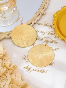 European And American Style Exaggerated Round Woven Texture Earrings, Niche Vacation Style Gold Large Disc Dangle Earrings - Gold - View 5