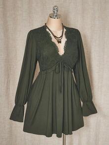 ICON Vestido mini de talla grande de unicolor casual con parches de encaje para mujer, ropa de otoño - Verde militar - Ver 6