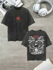 Men's Short-Sleeved T-Shirt, Lovingly Handmade In Dark Gray, Featuring An Occult Cross Print And Mystical Symbols, Washed To Give It A Faded Look. Women's Summer Clothing, Women's Vacation Outfits, Summer Wear. - 黑色 - 查看 2