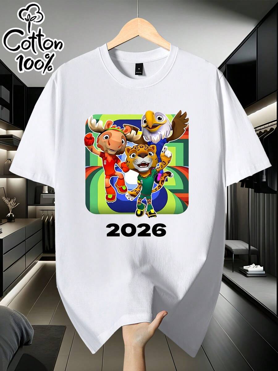 Men's Short-Sleeved T-Shirt, 100% Cotton, Loose And Comfortable, With A "Mascot" Themed Print [Officially Licensed], Suitable For Outdoor Use, With A Loose And Stylish Fit, Full Of Personality, Perfect Gift For Men, Birthday Gift, Holiday Gift, Everyday Wear. - 白色 - 查看 1