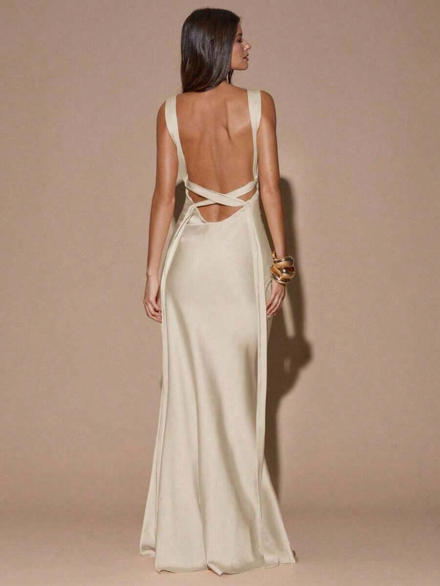 dfgSHEIN  Vestido de tirantes con escote en V profundo y espalda descubierta, de unicolor amarillo/crema, de estilo minimalista y sexy, adecuado para fiestas, cócteles, ocasiones formales, dama de honor, cumpleaños, Navidad y casual de negociosafd KGKB - Albaricoque - Ver 1