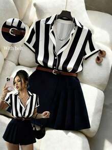 Set de 2 piezas: Camisa de rayas casual de verano y falda plisada - Blanco y Negro - Ver 8